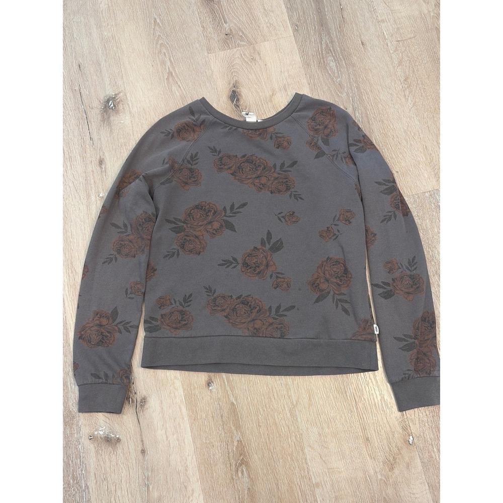 Vans Womens XS Gray Floral Rose Print Raglan Long Sleeve Crewneck Sweatshirt